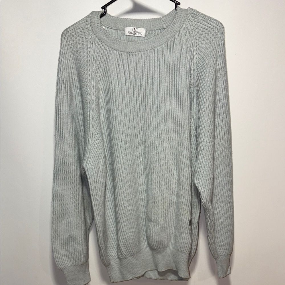 Valentino Gray Crewneck Sweater with Ribbed Knit
